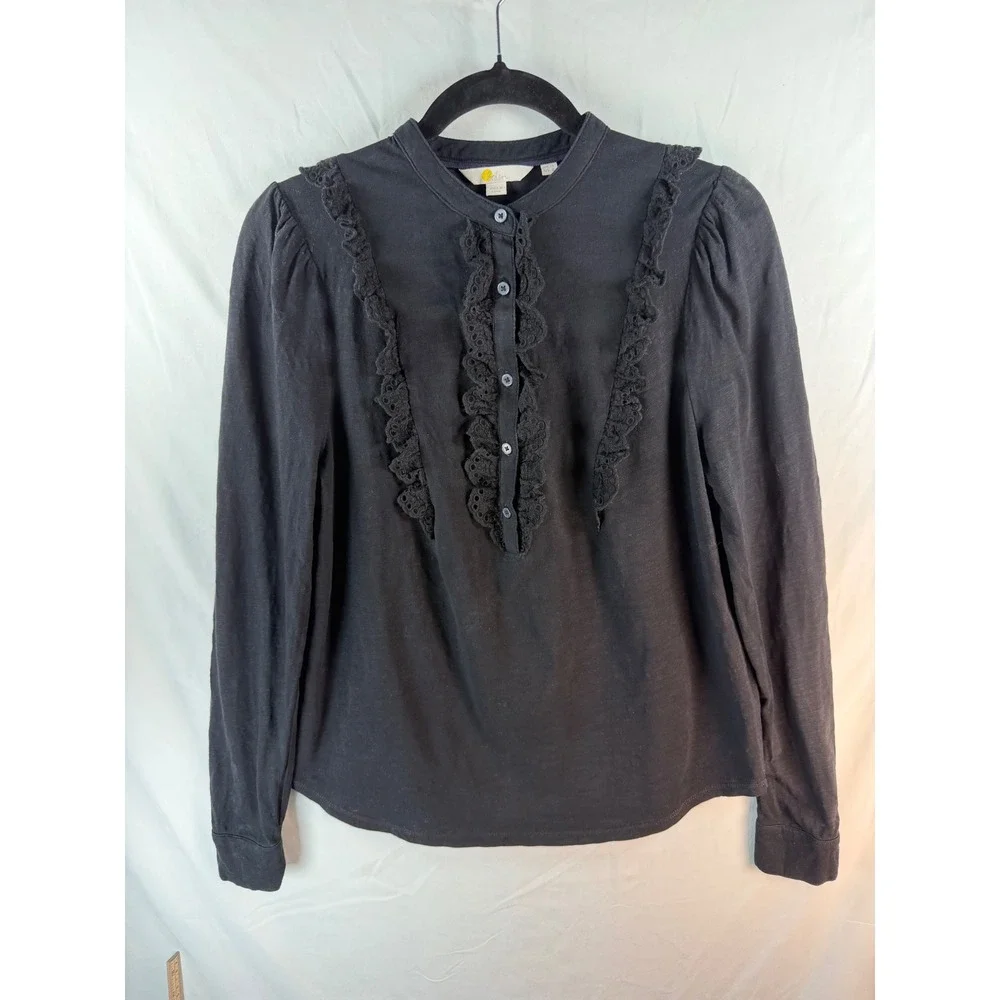 Boden Black Cotton Slub Lace Ruffle Button Front Top US 8 UK 12 Victorian Style